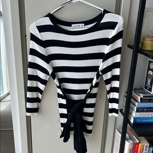 CAbi Black and White Striped Top with Tie Detail